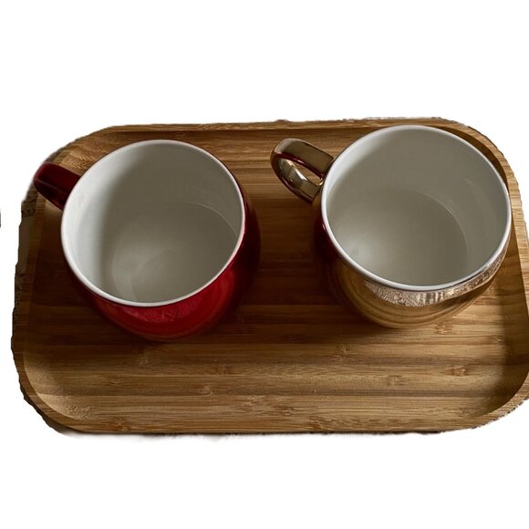 Two 2 Starbucks 2013 Holiday Christmas Ceramic gold and red Mirror Mugs Cups - Picture 4 of 11